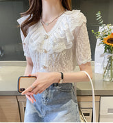 V-Neck French Vintage Ruffle Lace Blouse